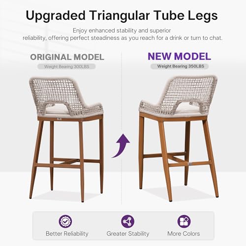 Image of PURPLE LEAF Bar Stools Set of 4 Bar Height Metal Bar Chairs with Back Modern Tall Comfy Wicker Woven Boho Garden Pool Patio Outdoor Barstools