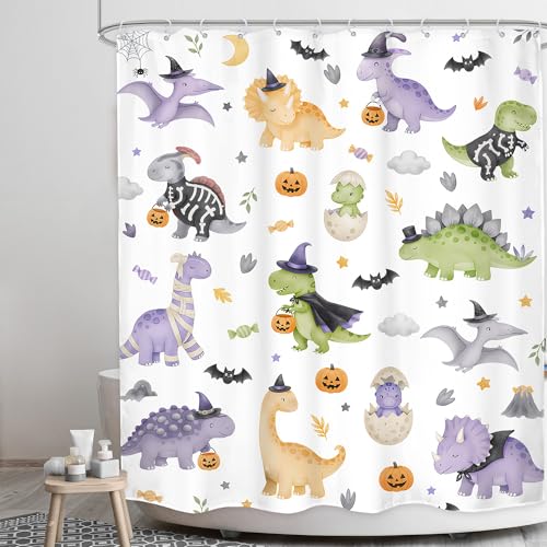Image of Halloween Dinosaur Shower Curtain Bathroom Set 60Wx71H Inches Kids Cartoon Watercolor Cute Dino Funny Spooky Candy Animal Adorable Bath Accessories Festival Art Home Decor Fabric 12 Pack Hooks