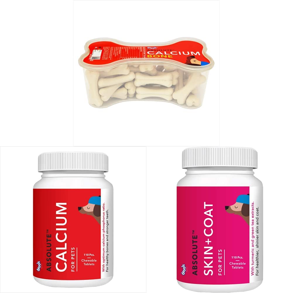 Drools Absolute Calcium Bone Jar, Dog Supplement - 40 Pieces (600gm)& Absolute Skin + Coat Tablet- Dog Supplement, 110 Pcs/400gm & Calcium Tablet (B08QT3S62S) Amazon Price History, Amazon Price Tracker