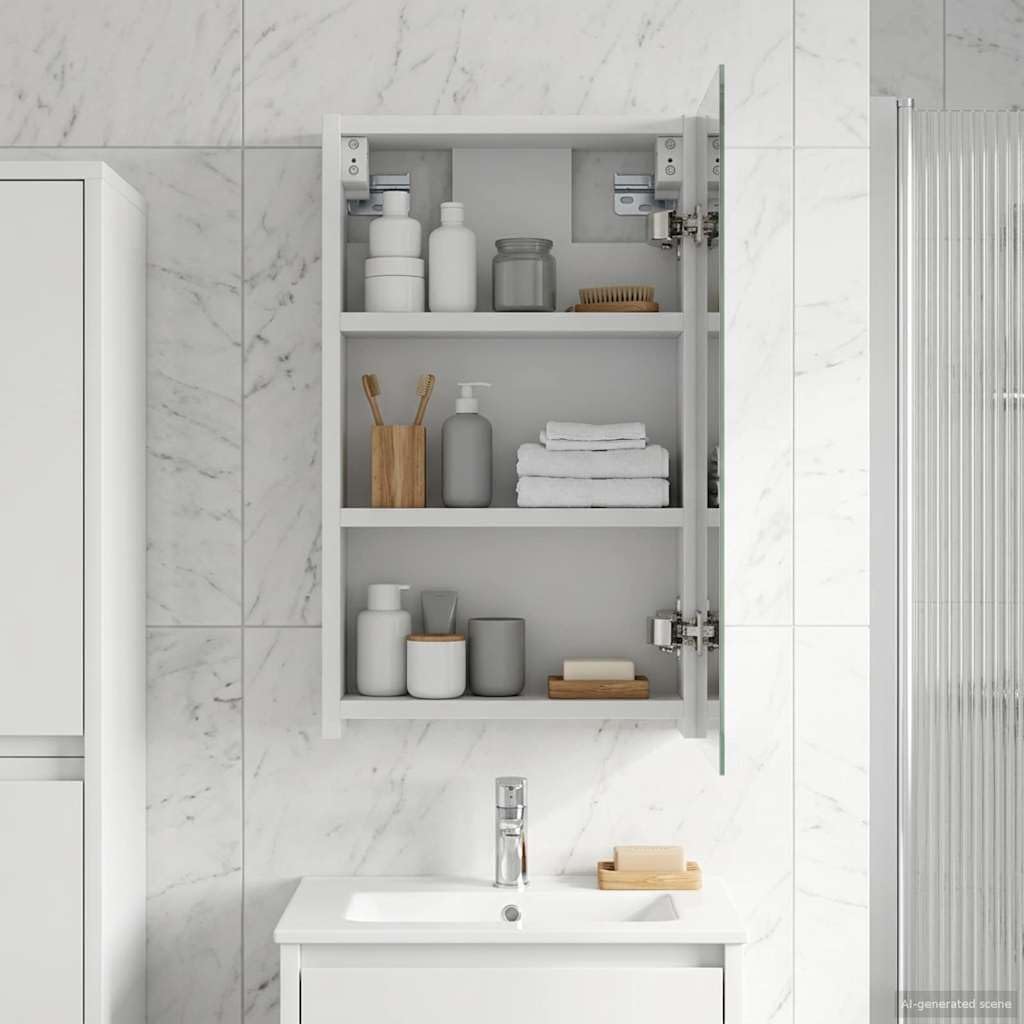 Armadietto da bagno a specchio bianco in legno, 30 x 10,5 x 50 cm, con vano portaoggetti, due ripiani, porta e specchio bidirezionale, per mobili da bagno e lavandino