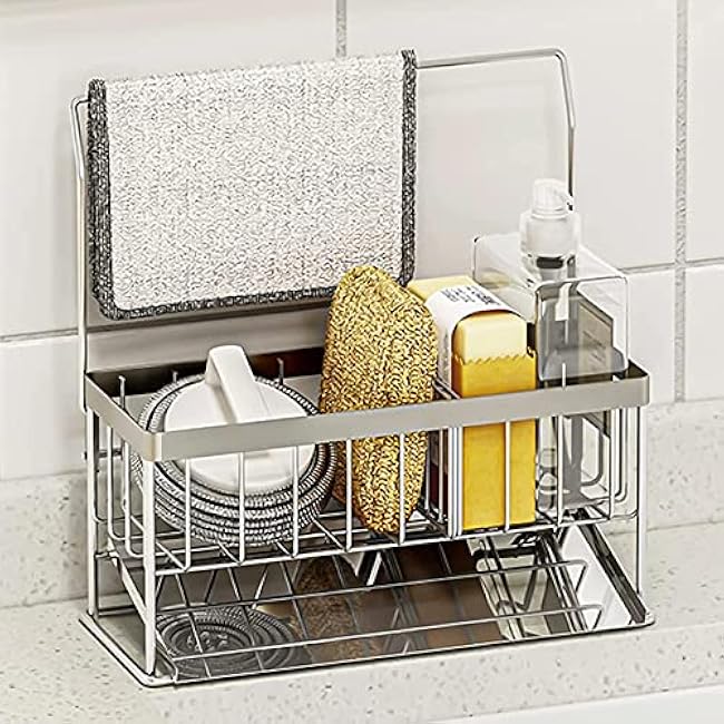 Kitchen Sink Caddy - Sponge Brush Holder with Removable Slope Drip Tray SUS304 Stainless Steel Rustproof Sink Rack