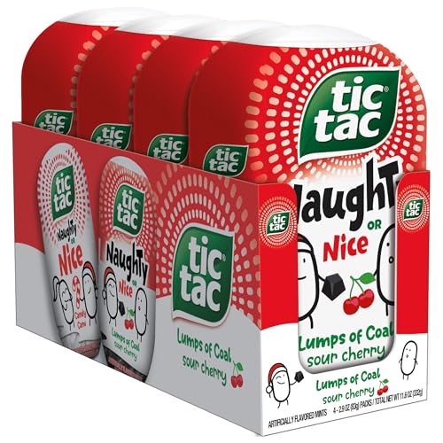 Tic Tac Naughty or Nice Lumps of Coal Sour Cherry Mints, 4 Bottle Packs, On-the-Go Refreshment, Stocking Stuffers, 2.9 oz Each
