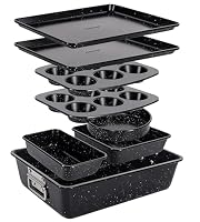 NutriChef 8-Piece Stackable Bakeware Set | Carbon Steel Non-Stick Baking Pan Set | Includes Sheet, Muffin, Round, Loaf, Square Cake & Deep Pans | No PFOA & PFOS | Oven Safe to 232°C (Black Marble)