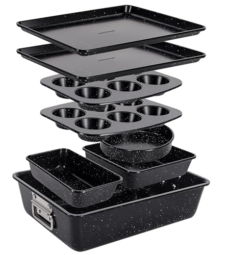 NutriChef 8-Piece Stackable Bakeware Set - Carbon Steel Non-Stick Baking Pan Set, Sheet, Muffin, Round, Loaf, Square Cake & Deep Pans, 450°F Heat Resistant, Standard & Convection Ovens (Black Marble)