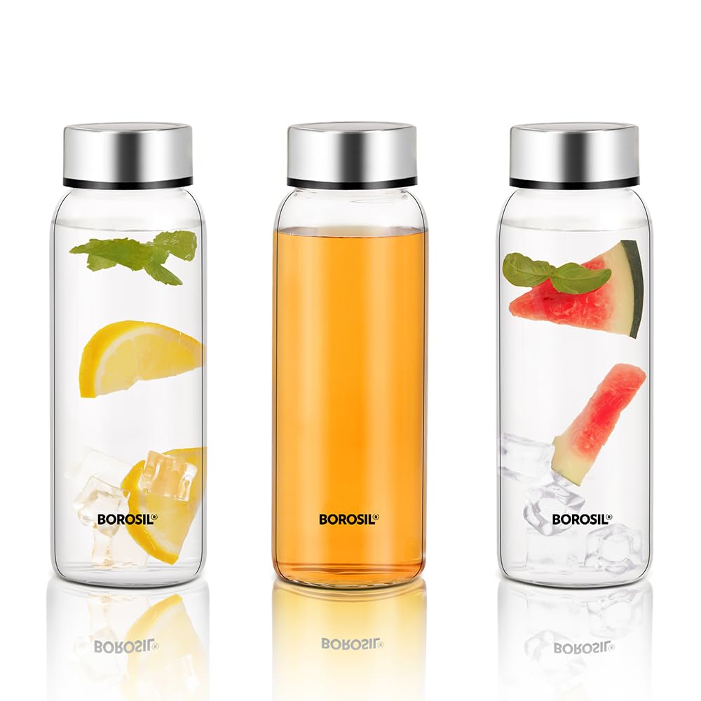 Borosil 750ml Crysto 3pc Bottle Set with Stainless Steel Lid | Borosilicate Glass Wide Mouth Bottle for Fridge | Extreme Temperature Resistant For Hot & Cold Water, Milk, Lassi, Juice | Transparent