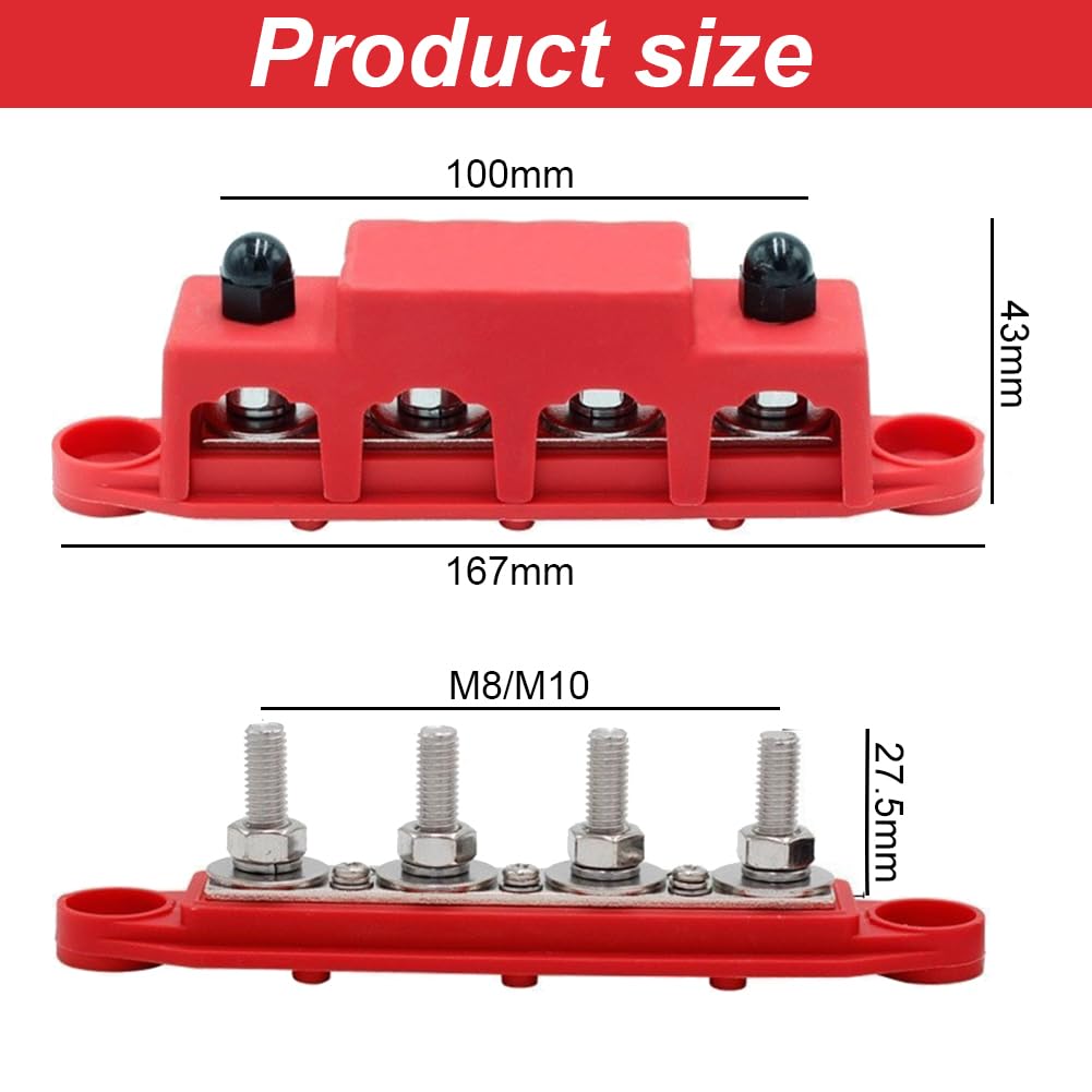 2 Stück 12V-48V DC Sammelschienen Verteilerblock mit 4 x M8 Klemmenbolzen, 250A BusBar Box für Auto Marine Auto Anhänger Wohnmobil Boot (Schwarz Rot)