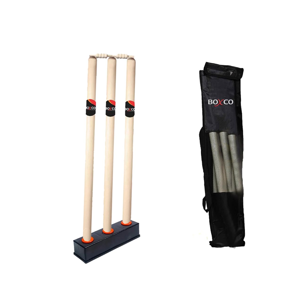 Boxco Cricket Stump Set, 3 Wickets, 2 Bails, Stand with Cover, Regular Size