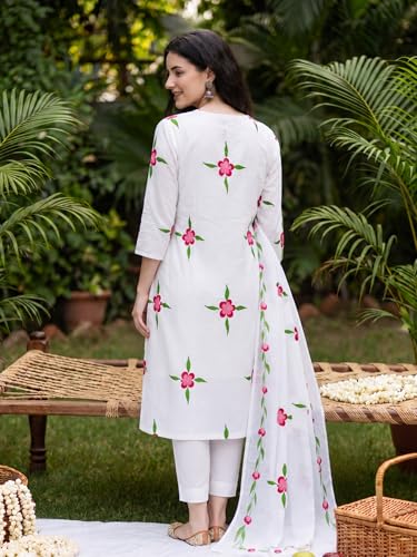 Image of INDO ERA Women's Pure Cotton Floral Printed Thread Work Kurta & Pant with Dupatta Set | Cotton Kurta Set For Woman