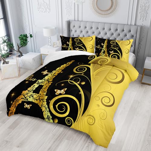 Image of AILONEN Eiffel Tower Comforter Set Queen Size,3 Pieces Black Gold Flower Butterfly Bedding Set,Romantic Tower Printed Quilt and 2 Pillowcases