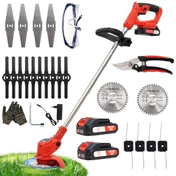 Decespugliatore Elettrico a Batteria, Tagliabordi a Batteria con 2 Batterie e 4 Tipi lame, Angolazione regolabili, Decespugliatore Per Il Taglio Di Giardini, Prati E Terreni