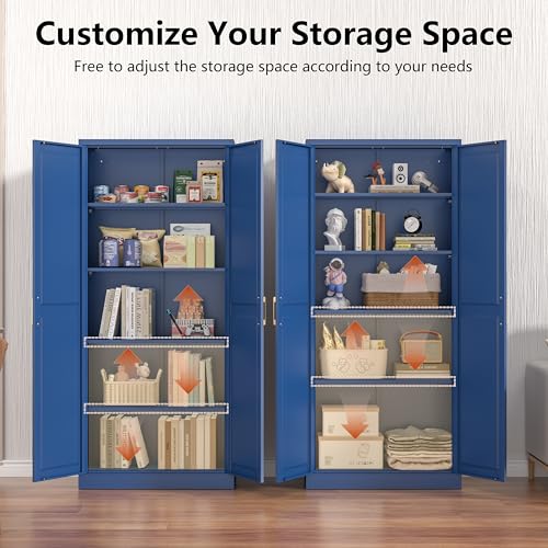 Image of Polup Kitchen Pantry Cabinet, 71 Inch Tall Metal Pantry Cabinet with Doors and Adjustable Shelves, Freestanding Food Cupboard, Storage Cabinets for Dining, Living Room, Navy Blue, Assemble Required