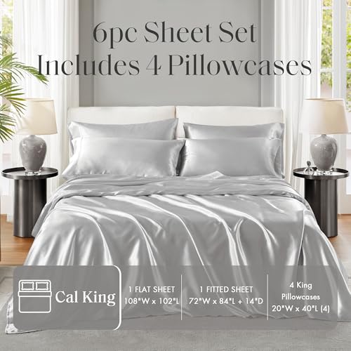 Image of Madison Park Essentials Satin Sheets Cal King Bed Set, 6 Pcs, Light Grey | Luxury and Smooth Silky Bedding with Natural Sheen, All Around Elastic 14 inch Pocket fits up to 16 inch Mattress, Year-Round Cozy