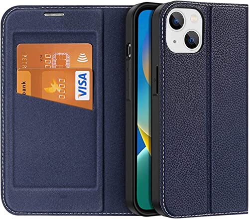 Étui iPhone 14 Pro en cuir bleu avec fentes cartes et fermeture magnétique