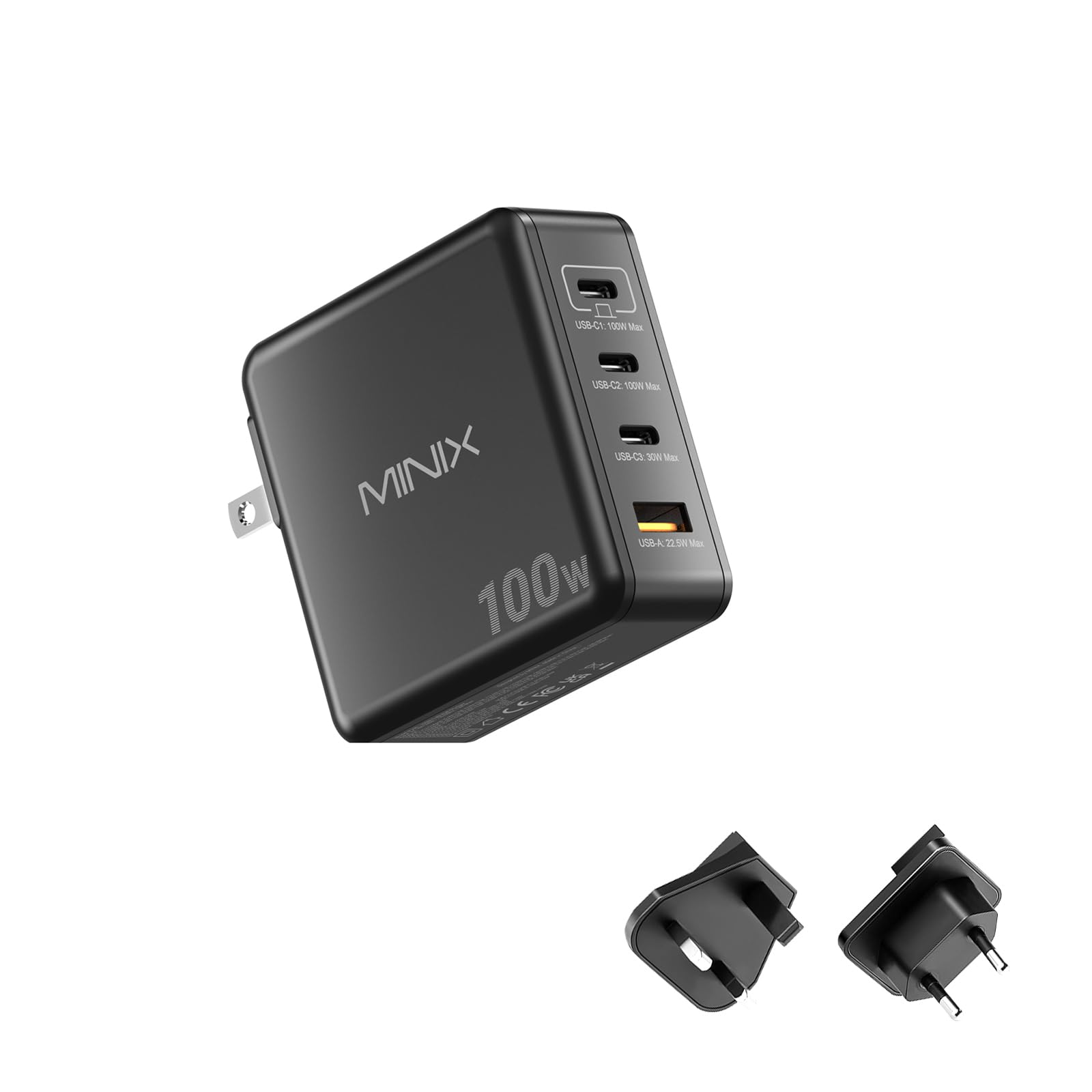 MINIX USB C ladegerät 100W, 4-Port USB-A/C Foldable Fast PPS Gan Charger (Max 100W/30W/22.5W), Compatible with MacBook Pro/Air, iPad, iPhone 15/16 Pro, Galaxy S24, and More for Home, Traveling