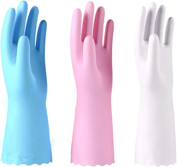 Alimat PluS 3 Pack Reusable Cleaning Gloves Latex Free, Dishwashing Gloves with Cotton Flock Liner and Embossed Palm, Waterproof Household Gloves for Laundry, Gardening (Medium)
