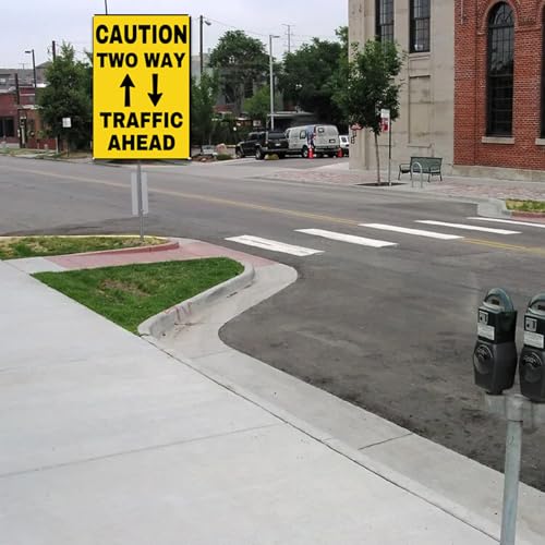 Image of Caution Two Way Traffic Ahead Metal Sign Wall Decor Street Signs 8X12Inch