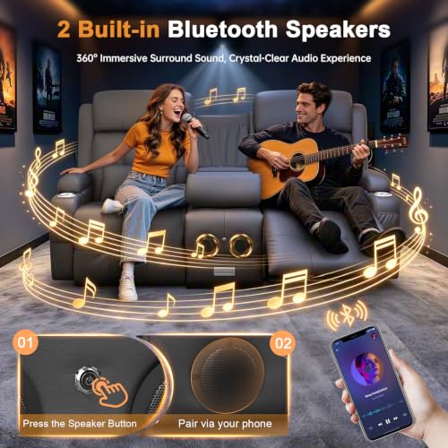 Image of Home Theater Seating, Power Loveseat Recliner Sofa with Massage & Heat, Wall Hugger Reclining Loveseat with USB, RV Couch with LED Lights, Flip Backrest, Cup Holders for Movie Theater & Gaming Room