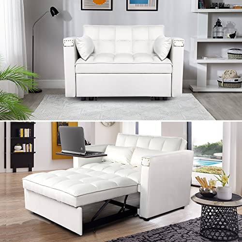 Wirrytor 3 In 1 Multi-Functional Convertible Sleeper Sofa Bed, Modern Loveseat Sofa Couch Velvet Pull Out Bed With Reclining Adjustable Backrest &Hidden Table For Apartment Living Room Bedroom(White) #TOP2