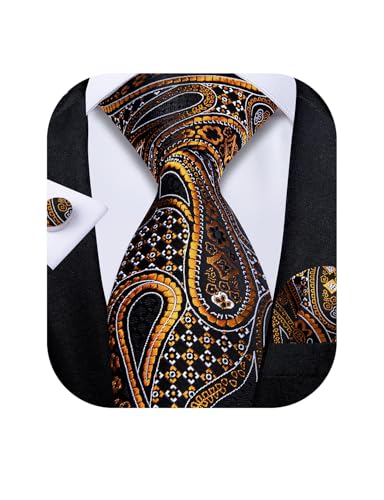 Image of DiBanGu Mens Paisley Tie Set Silk Woven Jacquard Necktie and Pocket Square Cufflinks Gift Set for Wedding Bussiness