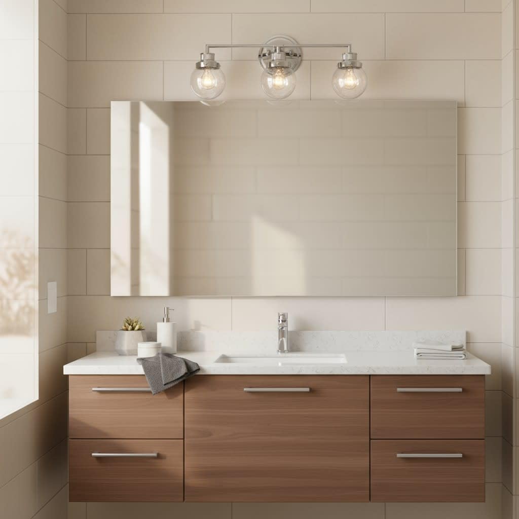 Hinkley Poppy 5933CM Medium Three Light Bathroom Vanity Fixture, Mid-Century Modern, Clear Seedy Glass Globe, Chrome