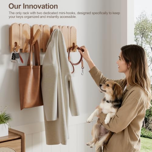 Solid Walnut Coat Rack Wall Mount, 16.5" Wood Wall Mounted Coat Rack with 8 Retractable Hangers,Heavy Duty Wooden Coat Hooks for Hanging Coats,Hats,Robe,Towels,Bags,Key Holder for Entryway,Natural — view 5