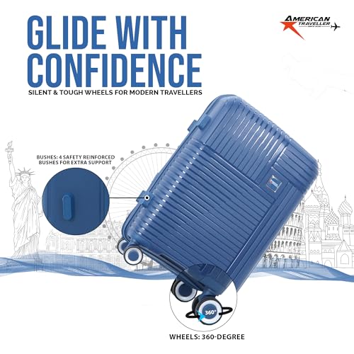 Image of AMERICAN TRAVELLER Touris Travel Trolley Bag Single Medium | Lightweight Expandable Polypropylene Hard Shell | Large Suitcase with TSA Lock | 8 Lego Wheels | Travel Luggage for Men & Women (24, Blue)