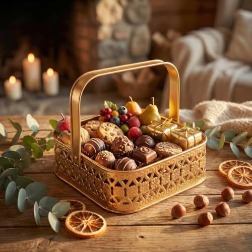 Image of Multipurpose Metal Basket For Gift Hamper, Pooja Temple Storage With Sturdy Handle, Decorative Flower Organizer & Versatile Puja Utility Accessories Home Decoration (Square Small 15cm)