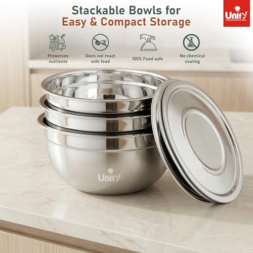 Image of Unify 3 Pieces Stainless Steel Serving Bowl Set with Lid | Mixing Big Bowls | Matt Finish, Kitchen Prep, Salad, Fruit, Desert & Storage Containers | Bowl Set for Kitchen & Dining Use (Solara Design)