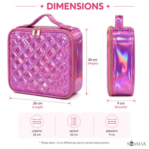 Image of SHAMAX Professional Makeup Case Organizer Bag for Women, Travel Cosmetic Kit Vanity Box with Adjustable Dividers, Portable Beauty Makeup Organiser & Cosmetic Travel Pouch | (Holographic Pink)