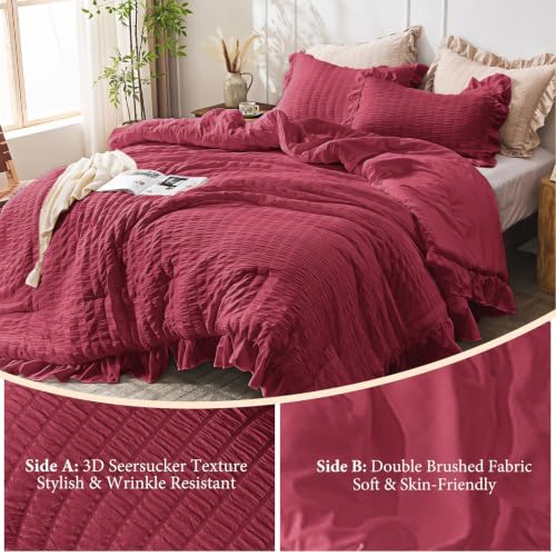 Image of JOLLYVOGUE Burgundy Oversized Queen Comforter Set,3pcs Seersucker Bed Set | OEKO-TEX Certified, All Season, Down Alternative Fill, Lightweight Bedding Set with Ruffle Comforter & Pillowshams, Easy Care