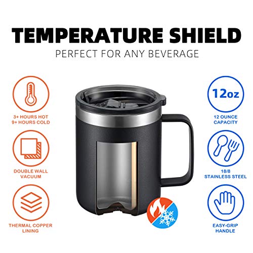 Image of 12oz Stainless Steel Insulated Coffee Mug with Handle, Double Wall Vacuum Travel Mug, Tumbler Cup with Sliding Lid, Black