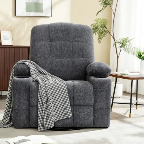 Image of Swivel Rocker Recliner Chair, Recliner Single Sofa with Massage, Manual Nursery Rocking Chair with Side Pockets & Cup Holder, Modern Recliner with Heating for Living Room, Apartment(Dark Gray)