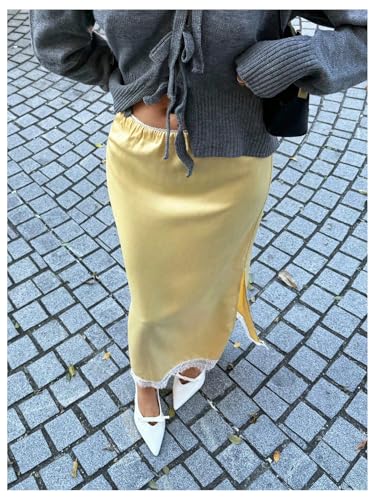 SOLY HUX Women's Maxi Skirt Lace Trim Elastic Low Rise Split Going Out Long Skirts4