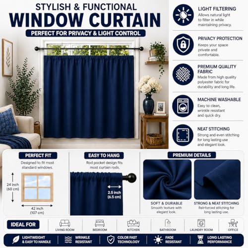 Image of Valance Blackout Rod Pocket Pattern Curtain Pack of 1 Piece, Kitchen Curtain | 3 Feet - Blue