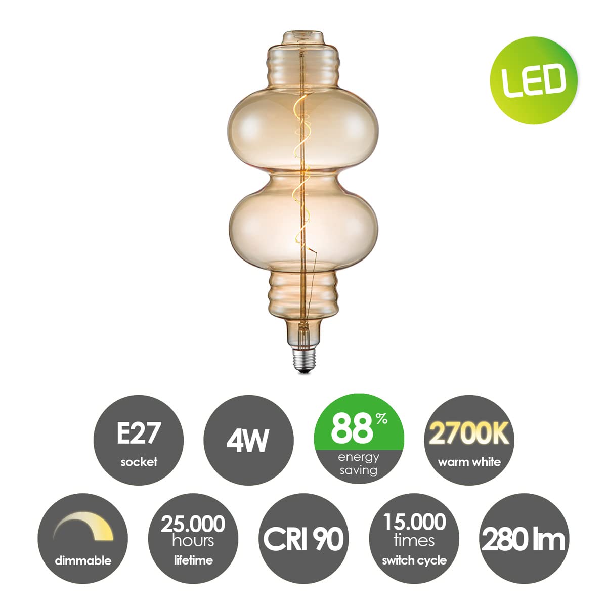 home sweet home collection Edison Vintage E27 | LED-Filament-Leuchtmittel Spiral | Ambra | Dimmbar | 4W 280lm 2700K | warmweißes Licht | für E27-Fassungen