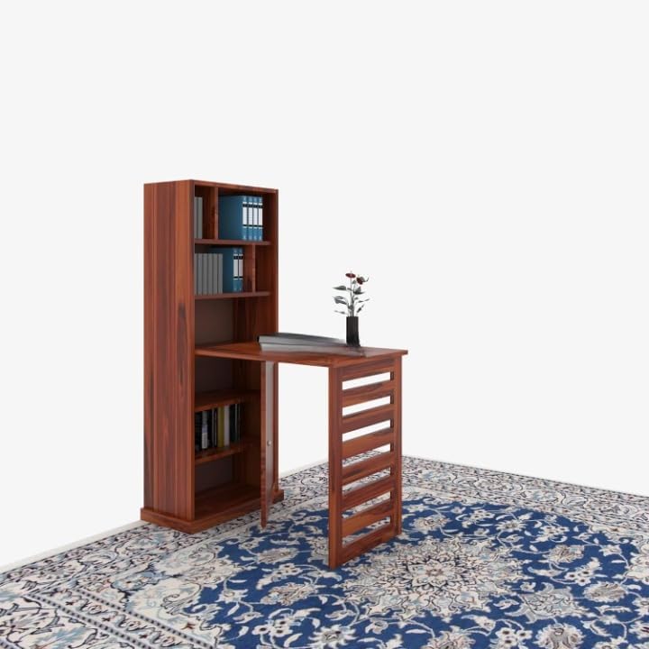 Image of SUNCOM Solid Sheesham Wood Foldable Study Table for Adults | Computer Table for Home | Office Table for Office Work | Work from Home Table with Door Cabinet & Shelf Storage | Rosewood, Natural