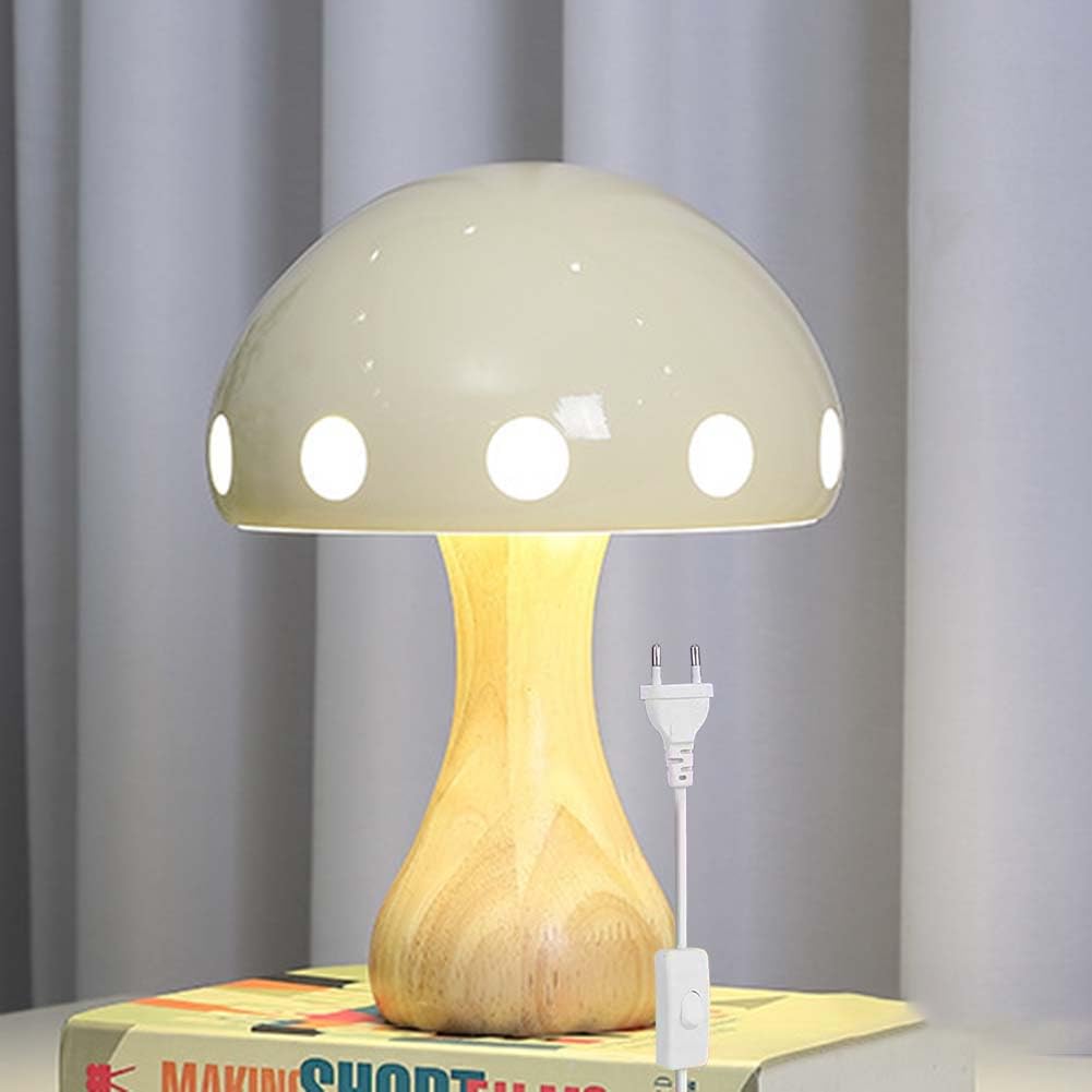 LED Pilz Lampe Rot Mushroom Tischleuchte Holz Dimmbare 3 Farbmodi Tischlampe Innen Pilz Dekor Nachttischlampe mit Kabel Schalter Schreibtischlampe Modern Wohnzimmer Beleuchtung Lichte,Beige