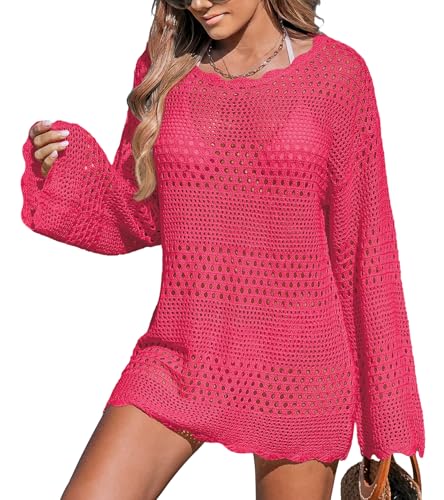 Justay Comf Strandkleid Damen Strandmode Strandkleider Gestrickt Aushöhlen Sommerkleid Langarm Pareo Damen Strand Bademode