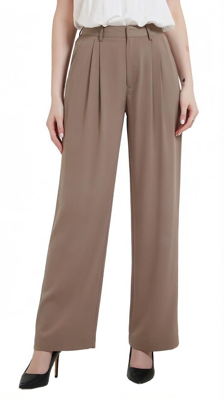 Tronjori Women High Waist Casual Straight Leg Long Business Work Suit Dress Pants Wide Leg Trousers Regular Waistband