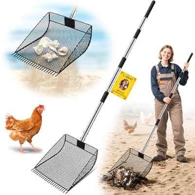 Upgraded 12-inch Chicken Poop Scooper Rake, Durable Metal Poop Scoop for Chicken with 24 to 68" Adjustable Stainless Steel Handle, Litter Scooper for Sand Sifting Shovel for Animals House
