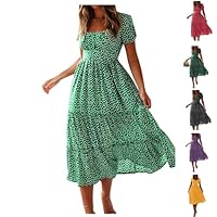 Summer Dresses for Women UK, Puff Sleeves Square Neck Midi Floral Dresses, Ladies Flowy Chiffon Casual Beach Holiday Sundress Polka Dot Dress for Women