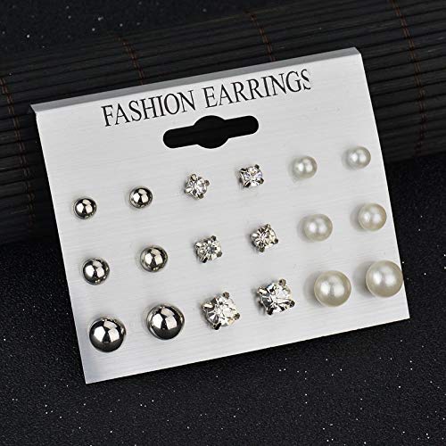 Image of CZ Stud Pearl Earrings for Women Girls Hypoallergenic Earring Set Ear Studs Jewelry for Birthday Christmas Party Gifts Silver 9 Pairs