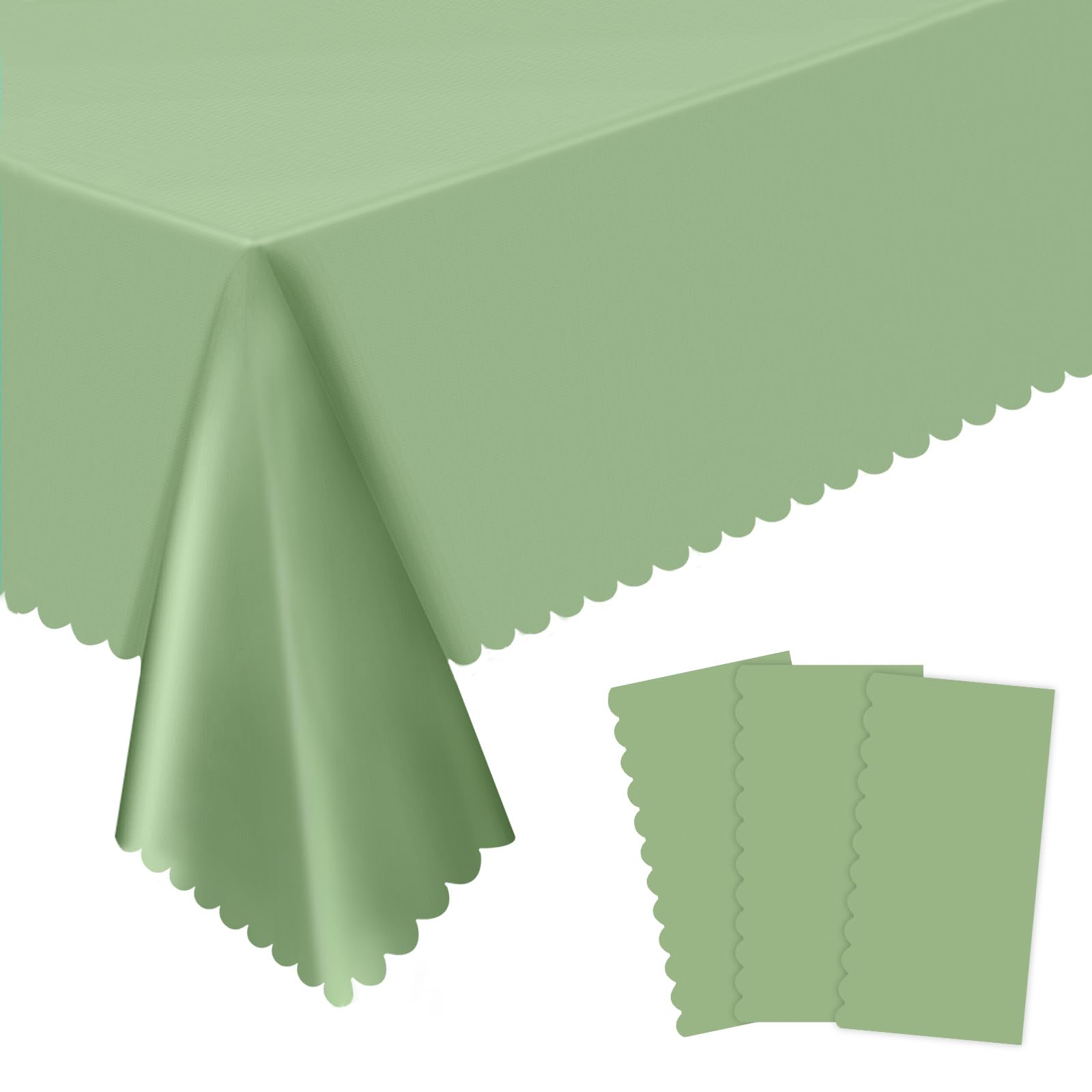3 Pack Plastic Sage Green Tablecloth, 54 X 108Inch Disposable Scalloped Table Cloth for Rectangle Tables Waterproof Green Table Covers for Wedding Bridal Shower Baby Shower Birthday Tea Garden Party