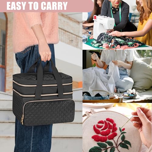 Image of YARWO Double-Layer Sewing Supplies Organizer Bag with 5 Detachable Dividers | Portable Sewing Accessories Storage Case, Multi Pockets for Sewing Kits & Tools, Top Handle, Gifts for Sewing Beginner, Black
