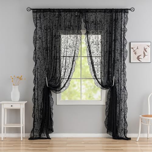 TUDECO Black Curtains 96 Inches Long - Luxury Floral Ruffled Lace Black Floral Curtains Embroidered...