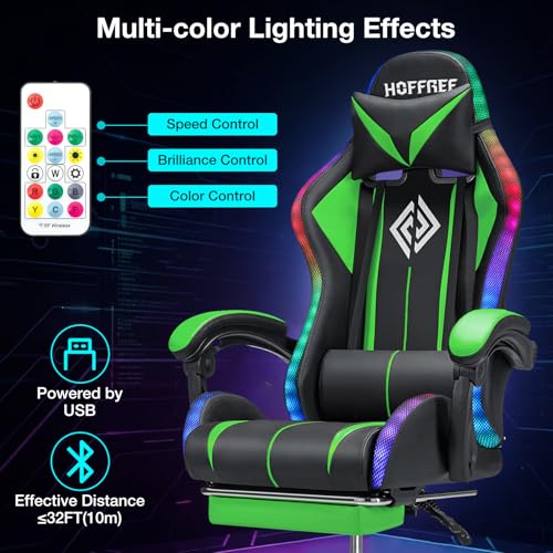 Image of HOFFREE Gaming Chair with LED RGB Lights with Massage and Footrest Ergonomic Computer Chair High Back Video Game Chair with Adjustable Lumbar Support Linkage Armrest Green and Black