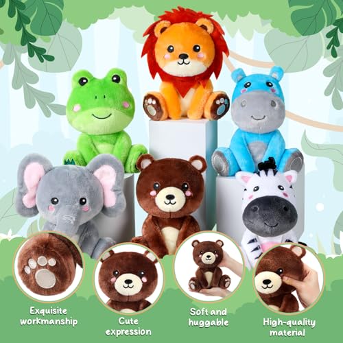 Image of RoundFunny 6 Pcs Forest Animals Toys 7 inch Stuffed Animals Set | Zebra Lion Hippo Bear Elephant Frog Large Animals Plush Toy for Forest Baby Showers Party Decor, Birthday Gifts Award
