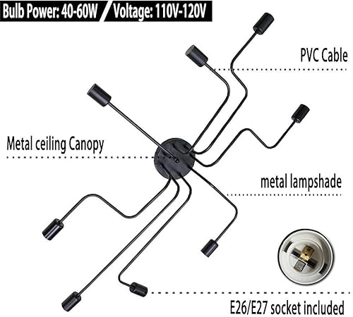 Miniatura 3 de jose2015 Lámpara moderna Sputnik, lámpara de techo negra para comedor con enchufe E26, lampara para Comedor Moderna para cocina, sala de estar,