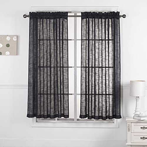 Short Black Linen Curtains Sheer for Windows 63 inch Length - Rod Pocket Sheer Privacy with Light Filter Window Treatment Panels/Drapes for Living Room/Bedroom (W52 x L63, Black, 1 Pair)
