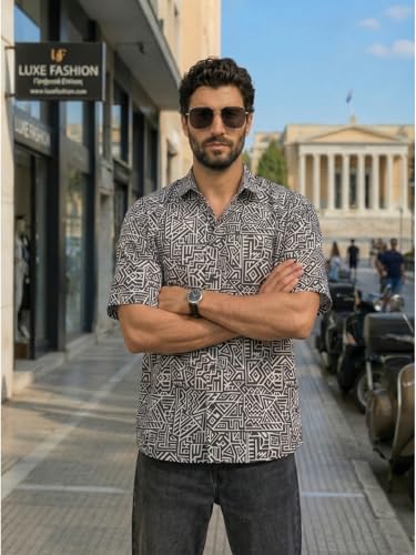 Image of BROWN CULTURE Men's Cotton Blend Floral Print Shirt|Spread Collar|Half Sleeves|Button Down Closure|Standard Length|Casual Wear|Smart Casual Shirt|Modern Men's Fashion|Everyday Casualwear